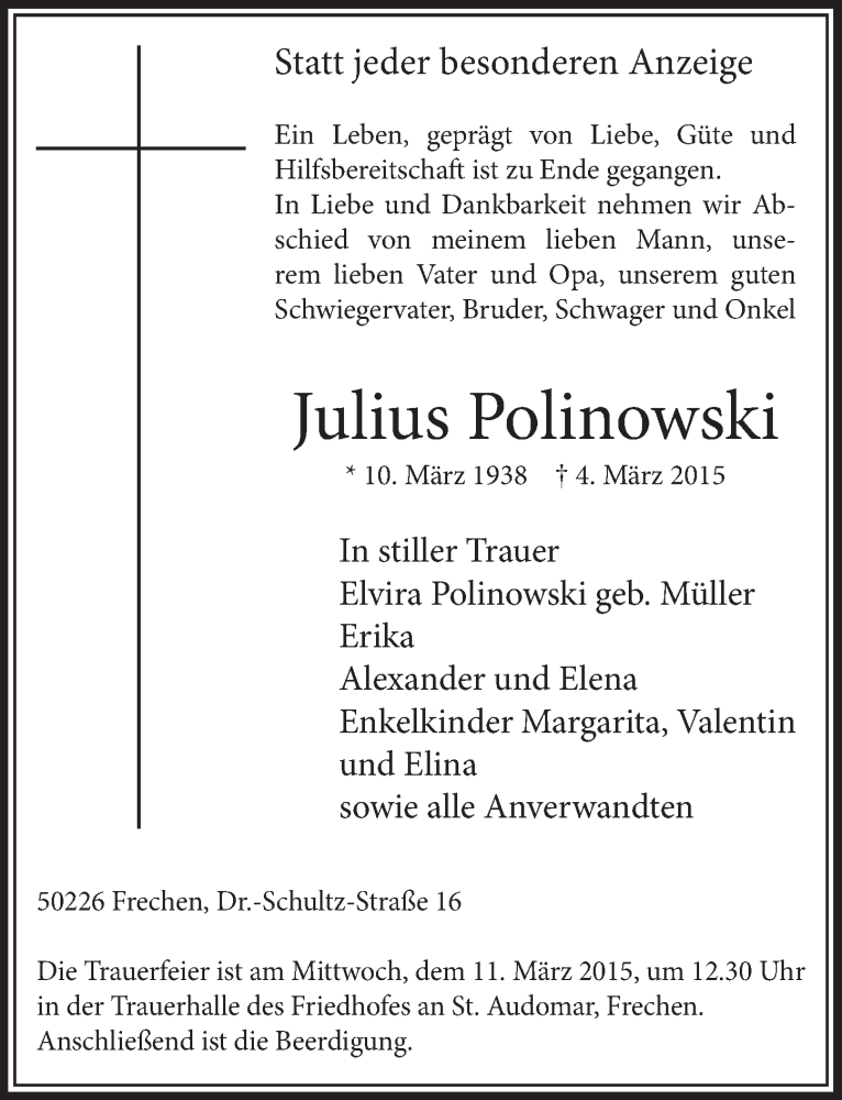  Traueranzeige für Julius Polinowski vom 07.03.2015 aus  Sonntags-Post 
