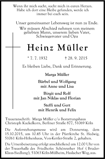 Anzeige von Heinz Müller von Kölner Stadt-Anzeiger / Kölnische Rundschau / Express