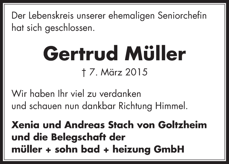 Traueranzeige für Gertrud Müller vom 11.03.2015 aus  Wochenende 