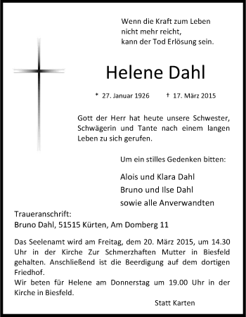 Anzeige von Helene Dahl von Kölner Stadt-Anzeiger / Kölnische Rundschau / Express