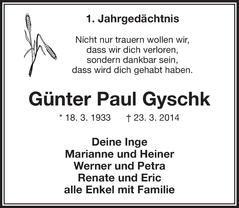  Traueranzeige für Günter Paul Gyschk vom 25.03.2015 aus  Anzeigen Echo 
