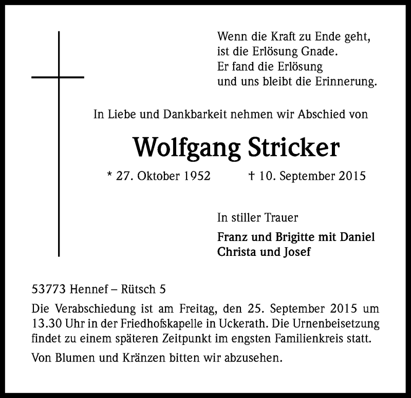  Traueranzeige für Wolfgang Stricker vom 18.09.2015 aus Kölner Stadt-Anzeiger / Kölnische Rundschau / Express