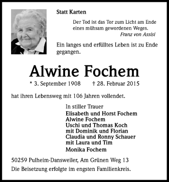 Anzeige von Alwine Fochem von Kölner Stadt-Anzeiger / Kölnische Rundschau / Express