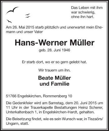 Anzeige von Hans-Werner Müller von  Anzeigen Echo 
