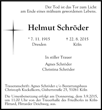Anzeige von Helmut Schröder von Kölner Stadt-Anzeiger / Kölnische Rundschau / Express