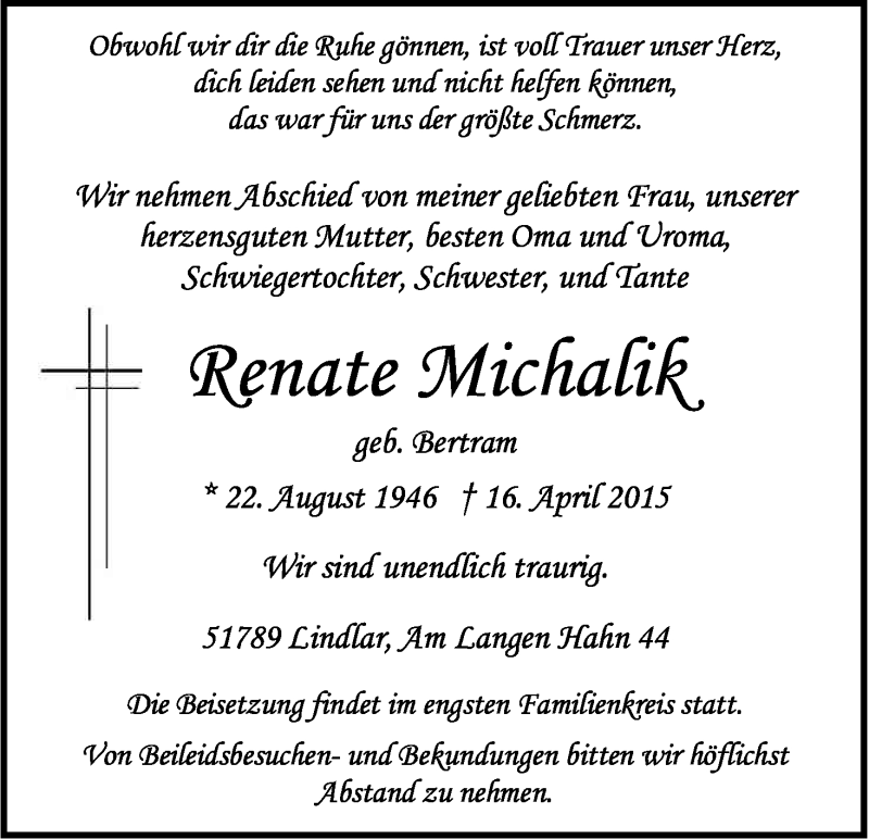  Traueranzeige für Renate Michalik vom 21.04.2015 aus Kölner Stadt-Anzeiger / Kölnische Rundschau / Express
