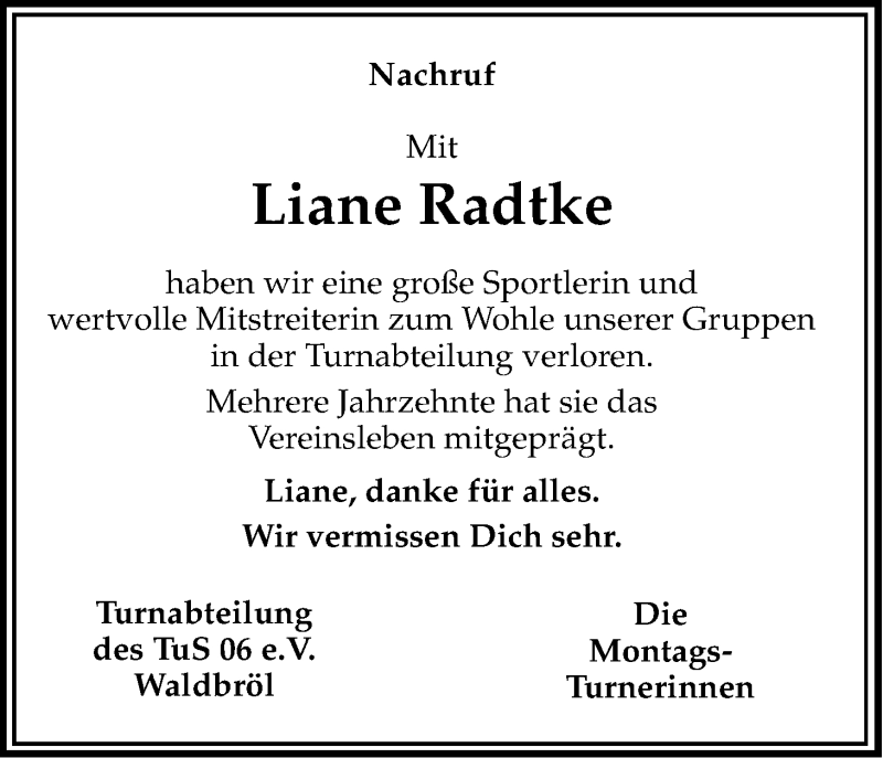  Traueranzeige für Liane Radtke vom 11.04.2015 aus Kölner Stadt-Anzeiger / Kölnische Rundschau / Express