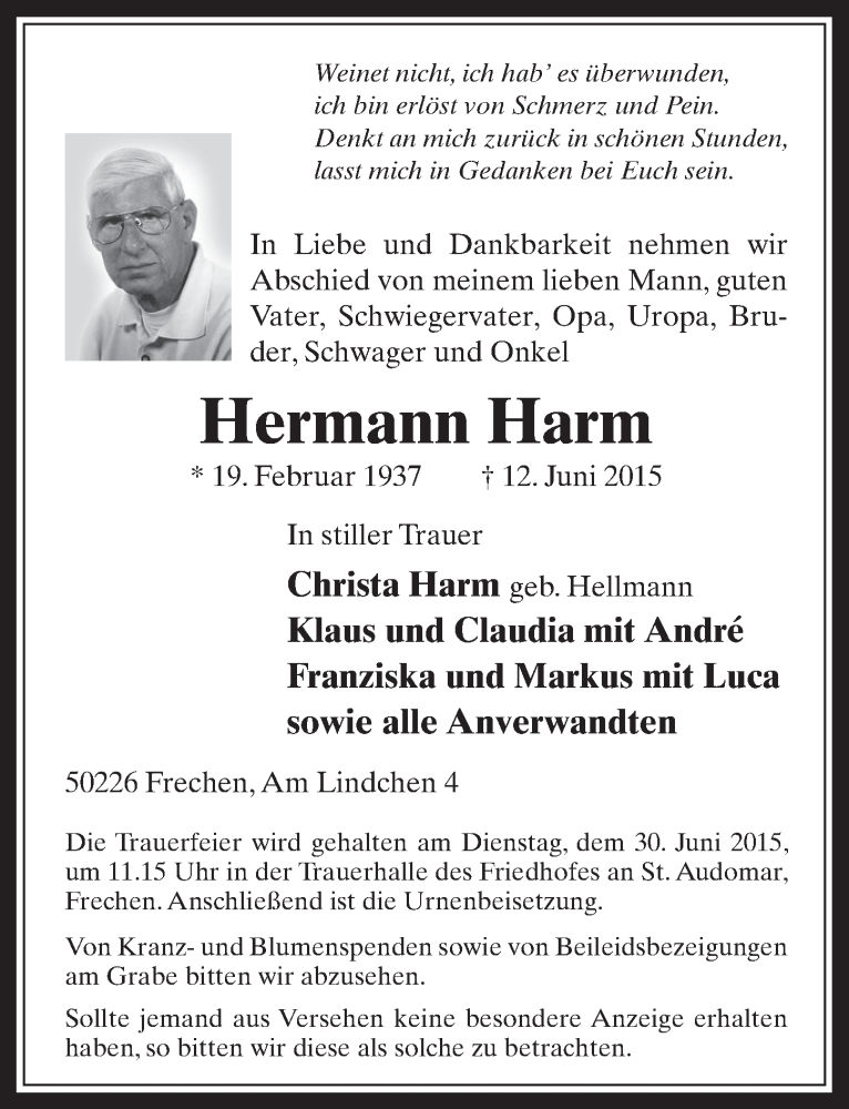 Traueranzeigen von Hermann Harm WirTrauern
