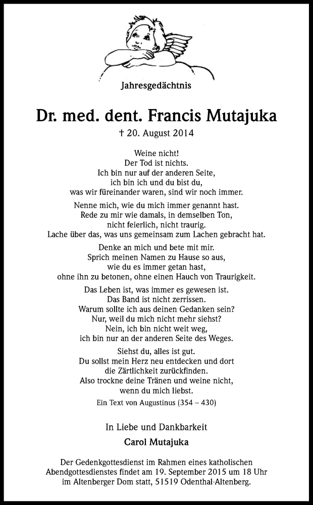  Traueranzeige für Francis Mutajuka vom 19.08.2015 aus Kölner Stadt-Anzeiger / Kölnische Rundschau / Express