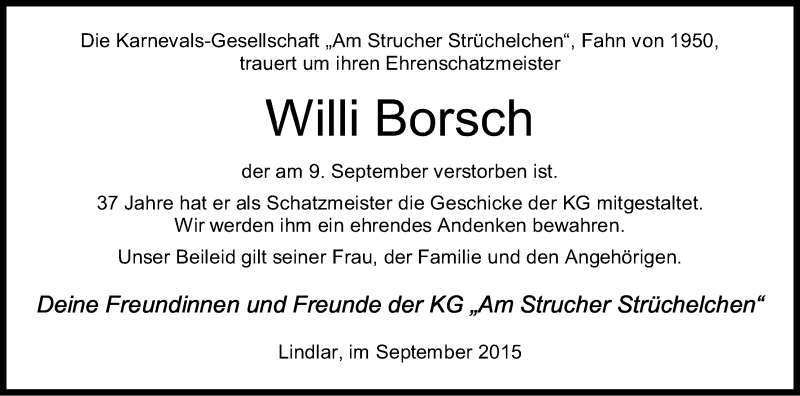  Traueranzeige für Willi Borsch vom 16.09.2015 aus Kölner Stadt-Anzeiger / Kölnische Rundschau / Express