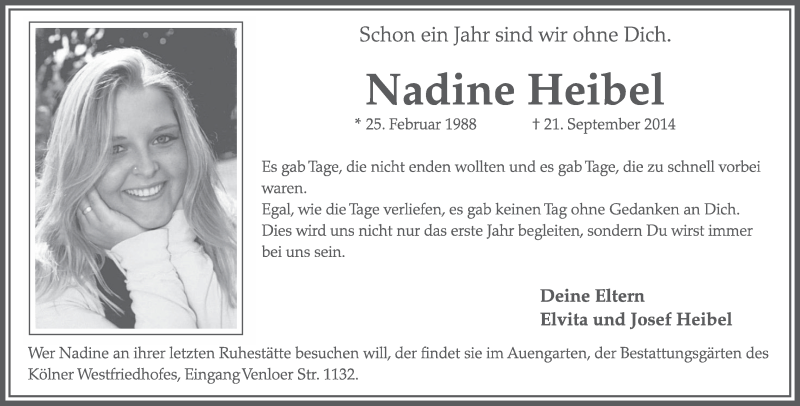  Traueranzeige für Nadine Heibel vom 23.09.2015 aus  Wochenende 