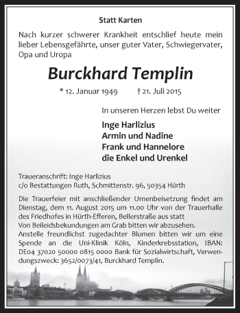 Anzeige von Burckhard Templin von  Wochenende 