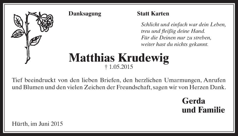  Traueranzeige für Matthias Krudewig vom 10.06.2015 aus  Wochenende 