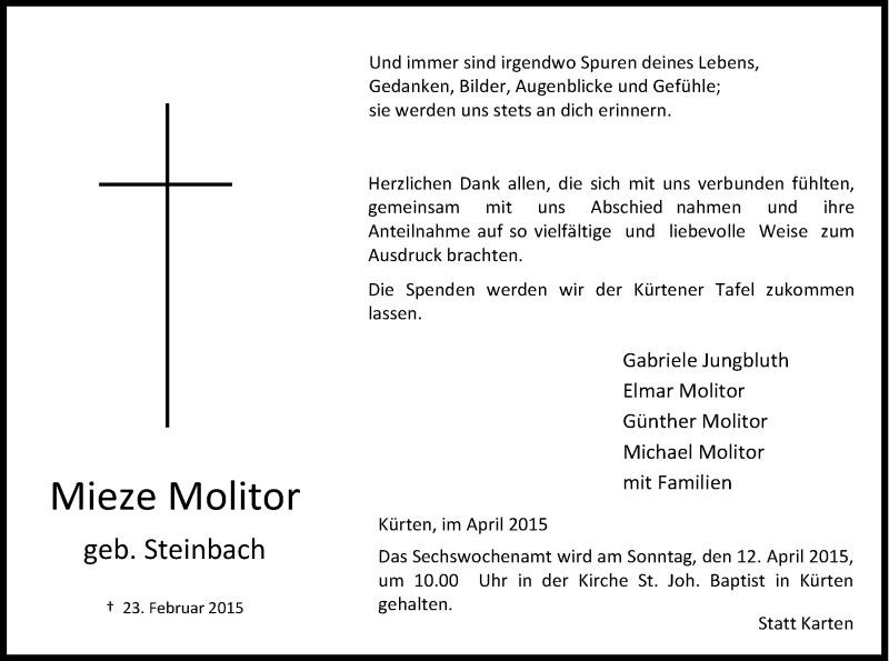  Traueranzeige für Mieze Molitor vom 04.04.2015 aus Kölner Stadt-Anzeiger / Kölnische Rundschau / Express