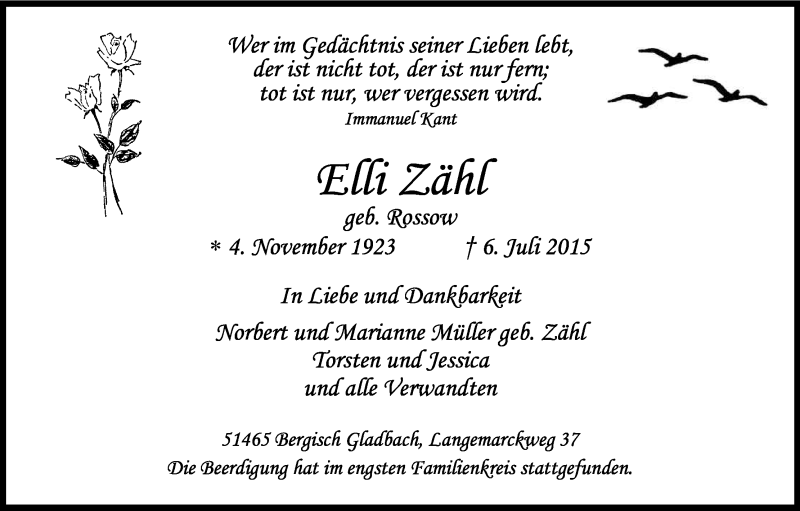  Traueranzeige für Elli Zähl vom 18.07.2015 aus Kölner Stadt-Anzeiger / Kölnische Rundschau / Express