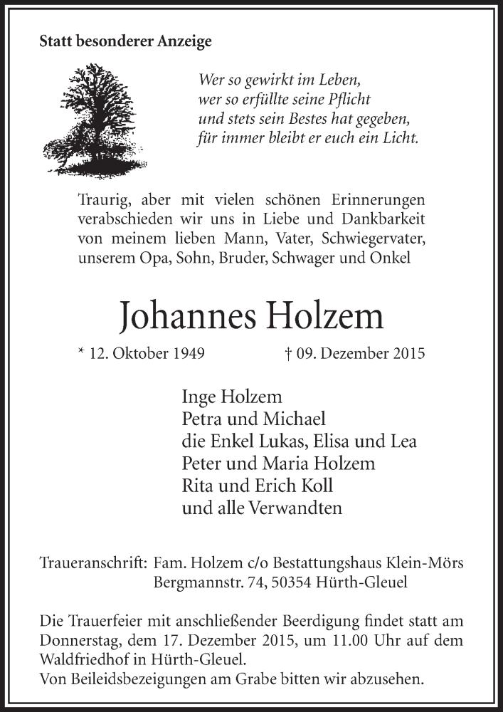  Traueranzeige für Johannes Holzem vom 12.12.2015 aus  Sonntags-Post 