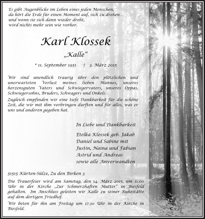  Traueranzeige für Karl Klossek vom 07.03.2015 aus  Bergisches Sonntagsblatt 
