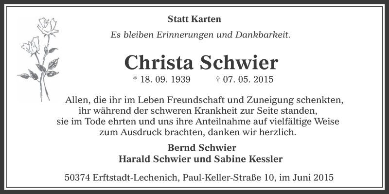  Traueranzeige für Christa Schwier vom 03.06.2015 aus  Werbepost 