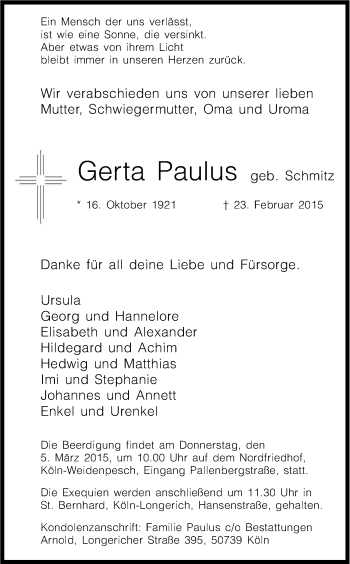 Anzeige von Gerta Paulus von Kölner Stadt-Anzeiger / Kölnische Rundschau / Express