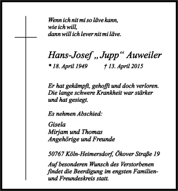 Anzeige von Hans-Josef  Auweiler von Kölner Stadt-Anzeiger / Kölnische Rundschau / Express