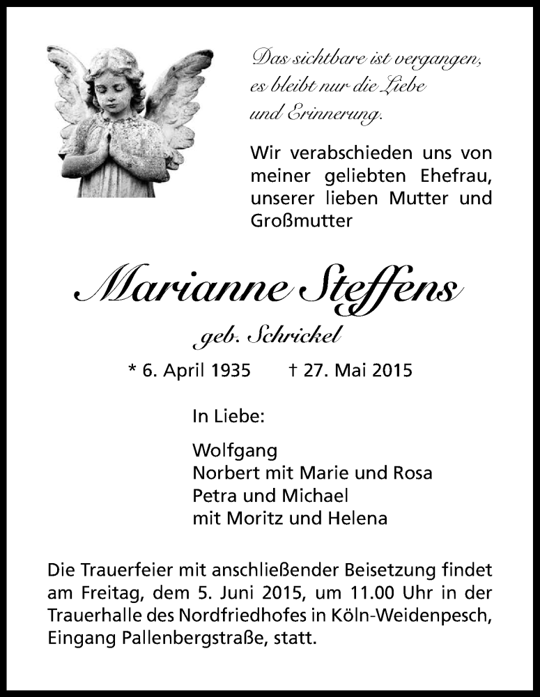  Traueranzeige für Marianne Steffens vom 02.06.2015 aus Kölner Stadt-Anzeiger / Kölnische Rundschau / Express