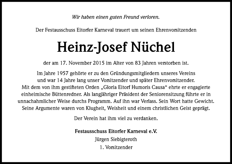  Traueranzeige für Heinz-Josef Nüchel vom 21.11.2015 aus Kölner Stadt-Anzeiger / Kölnische Rundschau / Express