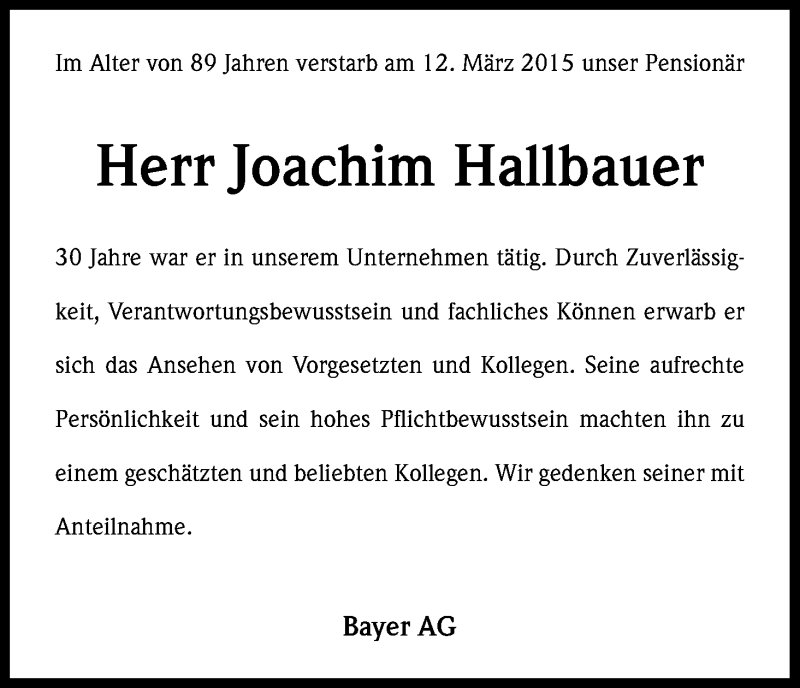  Traueranzeige für Joachim Hallbauer vom 24.03.2015 aus Kölner Stadt-Anzeiger / Kölnische Rundschau / Express