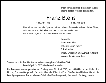 Anzeige von Franz Blens von Kölner Stadt-Anzeiger / Kölnische Rundschau / Express