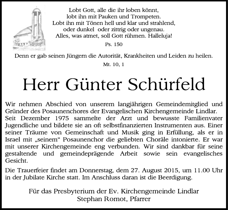  Traueranzeige für Günter Schürfeld vom 25.08.2015 aus Kölner Stadt-Anzeiger / Kölnische Rundschau / Express