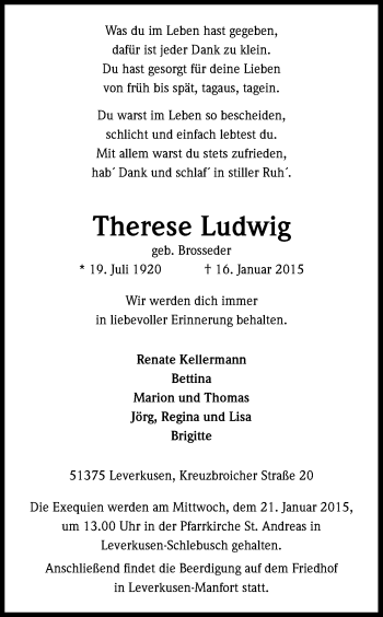 Anzeige von Therese Ludwig von Kölner Stadt-Anzeiger / Kölnische Rundschau / Express