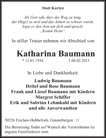 Anzeige von Katharina Baumann von  Wochenende 