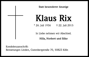 Anzeige von Klaus Rix von Kölner Stadt-Anzeiger / Kölnische Rundschau / Express