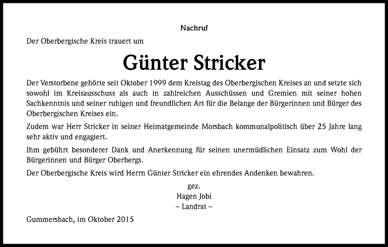  Traueranzeige für Günter Stricker vom 17.10.2015 aus Kölner Stadt-Anzeiger / Kölnische Rundschau / Express