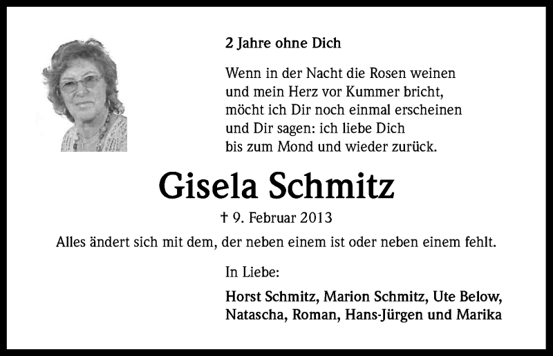 Traueranzeige für Gisela Schmitz vom 07.02.2015 aus Kölner Stadt-Anzeiger / Kölnische Rundschau / Express