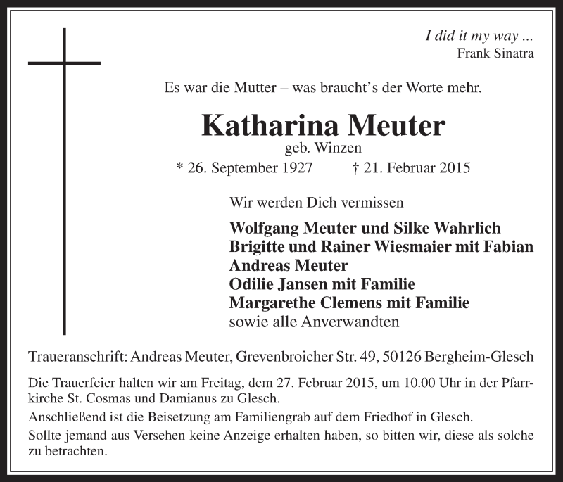  Traueranzeige für Katharina Meuter vom 25.02.2015 aus  Werbepost 