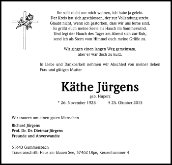 Anzeige von Käthe Jürgens von Kölner Stadt-Anzeiger / Kölnische Rundschau / Express
