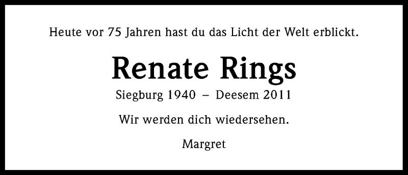  Traueranzeige für Renate Rings vom 27.05.2015 aus Kölner Stadt-Anzeiger / Kölnische Rundschau / Express