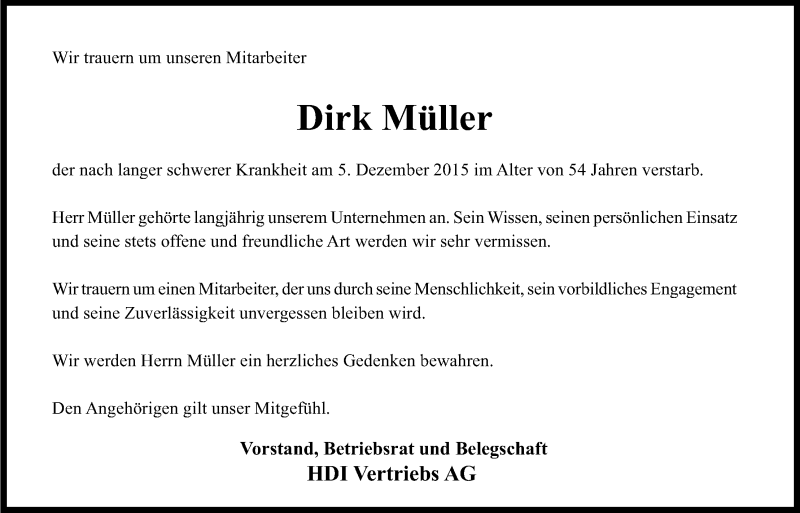  Traueranzeige für Dirk Müller vom 16.12.2015 aus Kölner Stadt-Anzeiger / Kölnische Rundschau / Express
