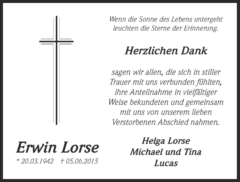  Traueranzeige für Erwin Lorse vom 08.07.2015 aus  Kölner Wochenspiegel 