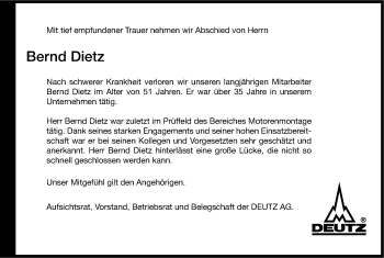 Anzeige von Bernd Dietz von Kölner Stadt-Anzeiger / Kölnische Rundschau / Express