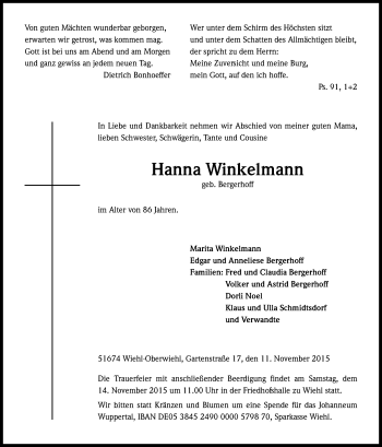 Anzeige von Hanna Winkelmann von Kölner Stadt-Anzeiger / Kölnische Rundschau / Express
