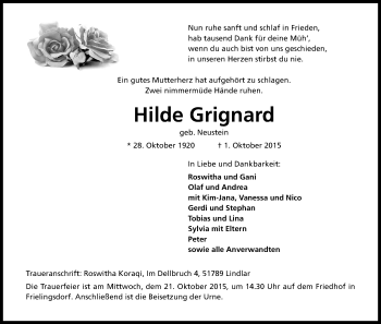 Anzeige von Hilde Grignard von Kölner Stadt-Anzeiger / Kölnische Rundschau / Express