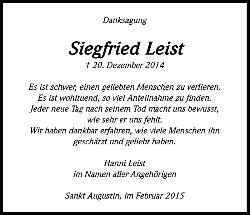  Traueranzeige für Siegfried Leist vom 07.02.2015 aus Kölner Stadt-Anzeiger / Kölnische Rundschau / Express