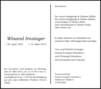Anzeige von Winand Irnsinger von Kölner Stadt-Anzeiger / Kölnische Rundschau / Express