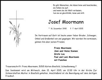 Anzeige von Josef Moormann von Kölner Stadt-Anzeiger / Kölnische Rundschau / Express