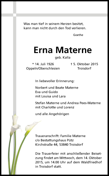 Anzeige von Erna Materne von Kölner Stadt-Anzeiger / Kölnische Rundschau / Express