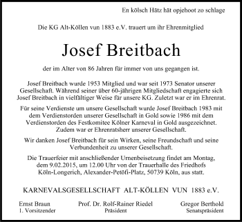 Anzeige von Josef Breitbach von Kölner Stadt-Anzeiger / Kölnische Rundschau / Express