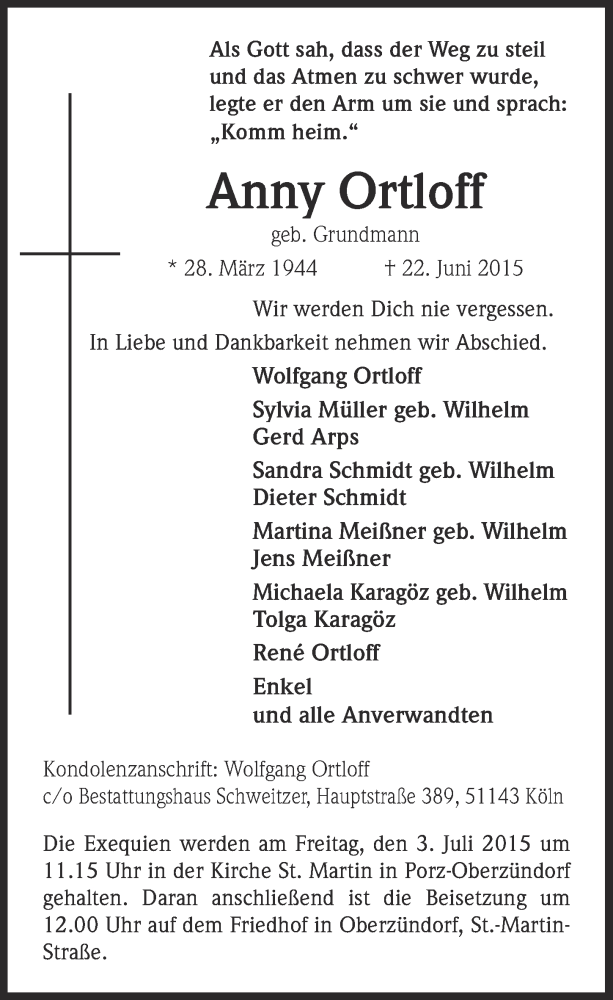  Traueranzeige für Anny Ortloff vom 01.07.2015 aus  Kölner Wochenspiegel 