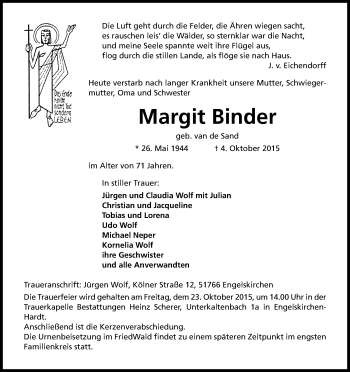 Anzeige von Margit Binder von Kölner Stadt-Anzeiger / Kölnische Rundschau / Express