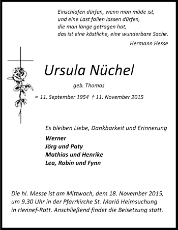 Anzeige von Ursula Nüchel von Köln - Wir Trauern